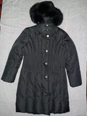 Marvin Richards down coat black large unworn, fur trim fauxfur lined